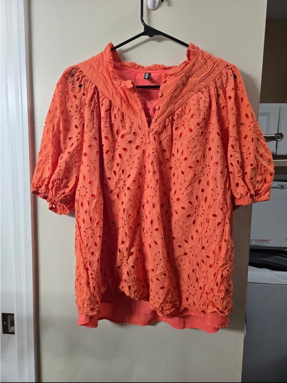 Eyelet Puff-Sleeve Blouse in Coral